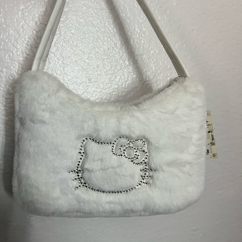 White Furry Hello kitty Shoulder Bag with Rhinestone Design